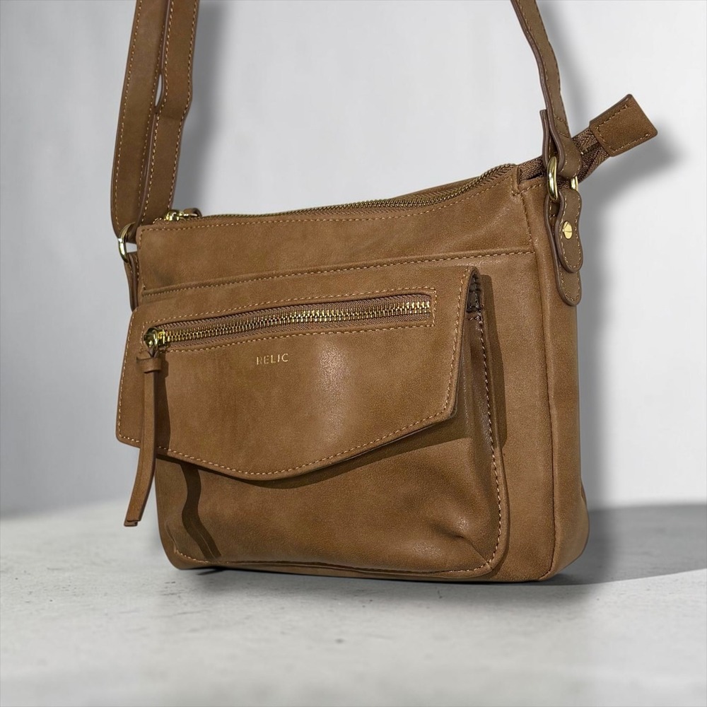 Relic Cognac Brown Faux Leather Crossbody Bag Gold Hardware Adjustable Strap